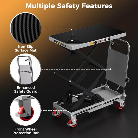 Cammoo hydraulic lift table cart, gray, 330 lb capacity, non-slip pad, safety guard, front view