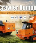 Heavy Duty Mini Crawler Dumper Workhorse With Kickass Hydraulic Dump Bed And Grippy Steel Tracks For Smoother Job Site Hauling And Zero Sweat Load Transfers featuring two orange crawler dumpers on grass.