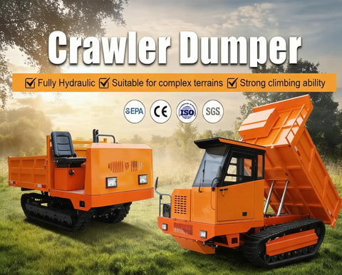 Heavy Duty Mini Crawler Dumper Workhorse With Kickass Hydraulic Dump Bed And Grippy Steel Tracks For Smoother Job Site Hauling And Zero Sweat Load Transfers featuring two orange crawler dumpers on grass.