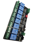 8 Channel I2C Relay Board With USB C Dual Power 3V3 And 5V SPDT 10A EMR DIN Rail Ready, showing blue relays on a black PCB