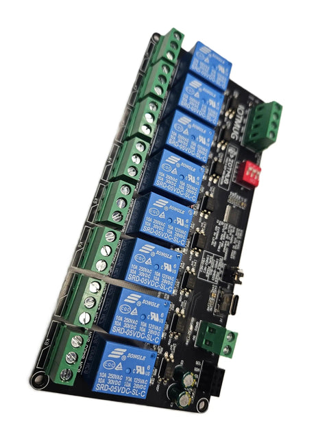 8 Channel I2C Relay Board With USB C Dual Power 3V3 And 5V SPDT 10A EMR DIN Rail Ready, showing blue relays on a black PCB