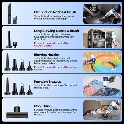 Image showcasing various nozzles for Cordless 4 In 1 Portable Car Vacuum Cleaner With 16000Pa Beast Power Brushless Motor.