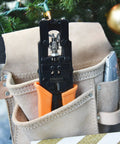 Coax Cable Crimping Tool Kit With 3 Adapters F BNC RCA Universal RG58 RG59 RG6 Cutter in a tool belt pocket