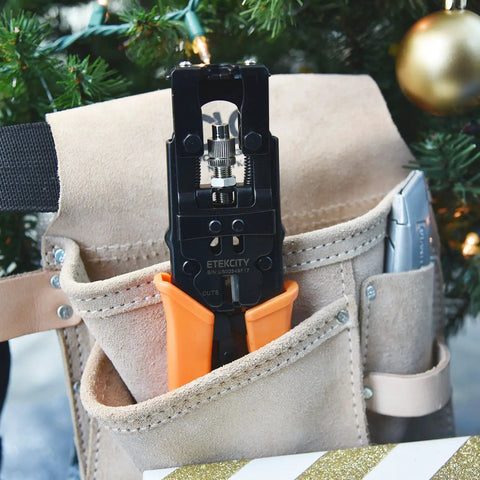 Coax Cable Crimping Tool Kit With 3 Adapters F BNC RCA Universal RG58 RG59 RG6 Cutter in a tool belt pocket