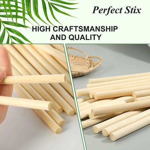 Close-up of Smooth 16 Inch Round Bamboo Dowels Quarter Inch Diameter Natural Wood Sticks for Crafting and DIY projects.