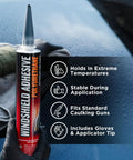 Two Pack Polyurethane Windshield Adhesive For Quick Curing No Drip Weather Resistant Auto Glass Bond Ideal For Vertical And Overhead Installations Windshield Repair Kit With Gloves Applicator Tip And Cartridge 310ml held by hand with glove, front view