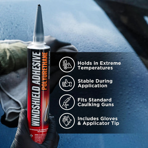 Two Pack Polyurethane Windshield Adhesive For Quick Curing No Drip Weather Resistant Auto Glass Bond Ideal For Vertical And Overhead Installations Windshield Repair Kit With Gloves Applicator Tip And Cartridge 310ml held by hand with glove, front view