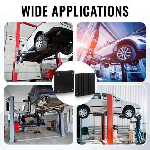 Heavy Duty Square Rubber Lift Arm Pads Set Four With Sure Grip Cushioning For Two Post Auto Jack Stands Garage Blocks in use.