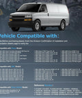 Vehicle compatibility chart with Chevy, GMC models displayed on a van background