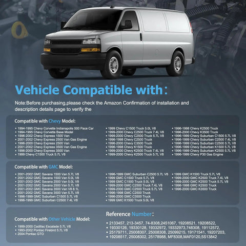 Vehicle compatibility chart with Chevy, GMC models displayed on a van background
