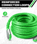 Daydoor 14 Inch X 50 Feet Green Synthetic Winch Rope Extension For Light Duty Atv And Utv Recovery With 10000 Lbs Load Rating showing stainless steel thimbles on loops.