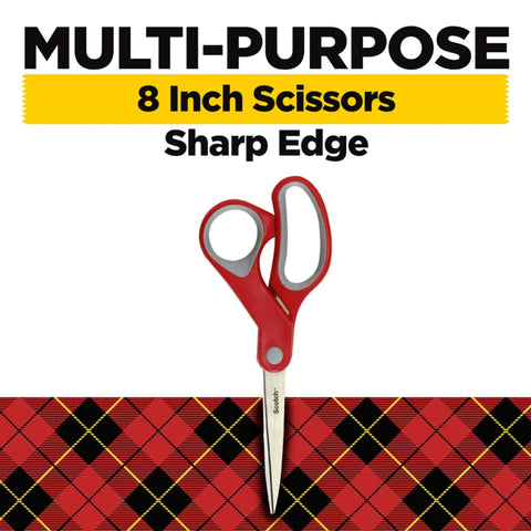 All Purpose Stainless Steel Scissors 8 Inch With Soft Grip Handle In Red And Gray For Home School Office Crafting And Left Or Right Hand Use Workhorse For Paper Fabric Cardstock And Everyday DIY Tasks, red handle shown