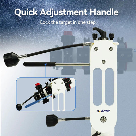 Close-up of Alt-Azimuth Telescope Mount with Adjustable Angle, Lightweight 2.34kg CNC Hollow Design showing quick adjustment handle.