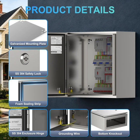 Heavy Duty 304 Stainless Steel Electrical Box Nema 4X Junction Enclosure Full Seam Welded Built Like A Tank Weather Sealed Housing 16X16X8 with detailed features.