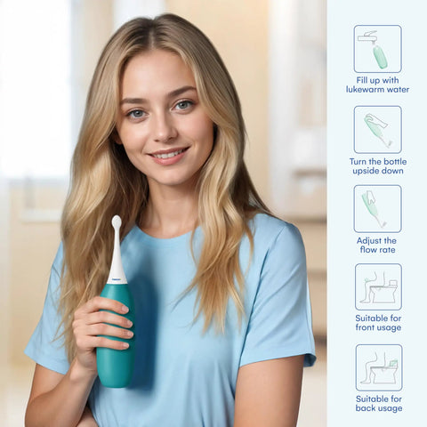 Woman holding XL Butt Shower Portable Bidet With 50 Percent More Water Volume For Easy Clean On The Go Replaces Wet Wipes And Shower Toilet.