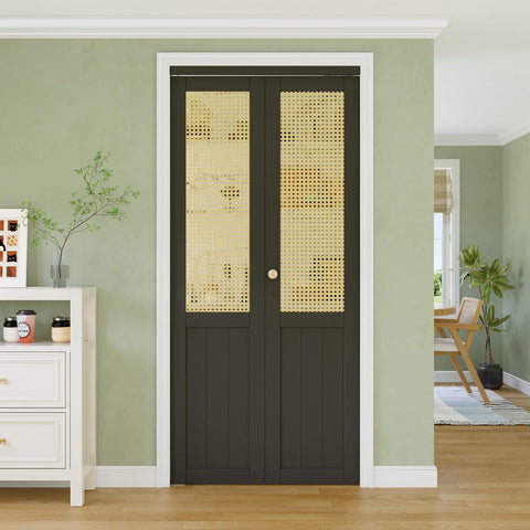 Rattan Bifold Closet Door With Cane Webbing And Wood Interior Black Barn Style Doors 36 By 80 Inch Double 78 Inch High Panels