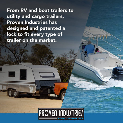 RV trailer on the left and boat on water; Proven Industries text overlay