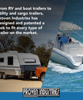 Split image of RV trailer on left and boat trailer on right, showcasing versatility of Proven Industries locks for different trailers.