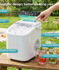 Countertop Ice Maker With Portable Handle And Ice Basket, Delivers Up To 26 Lbs Of Ice Per Day, Produces 9 Bullet Ice Cubes In About 6 To 8 Minutes, Auto Clean Function, Great For Home Kitchen Office Outdoor RV Camping On The Go shown on picnic table outdoors