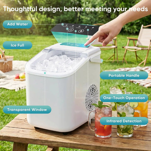 Countertop Ice Maker With Portable Handle And Ice Basket, Delivers Up To 26 Lbs Of Ice Per Day, Produces 9 Bullet Ice Cubes In About 6 To 8 Minutes, Auto Clean Function, Great For Home Kitchen Office Outdoor RV Camping On The Go shown on picnic table outdoors