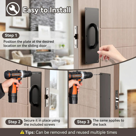 Stainless Steel Door Push Plates And Pull Handles Set For Home And Office, Rugged Heavy Duty Push Pull Door Plate Kit For Cabinets And Commercial Use, Indoor Outdoor Applications, 304 Stainless Steel, Rust Resistant, 2 Pack shown on sliding door installation steps