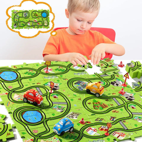 Child playing with 64 Piece Puzzle Track Car Set For Kids Ages 3 4 5 6 With 3 Cars And 6 Road Signs City Themed Floor Puzzle Tracks
