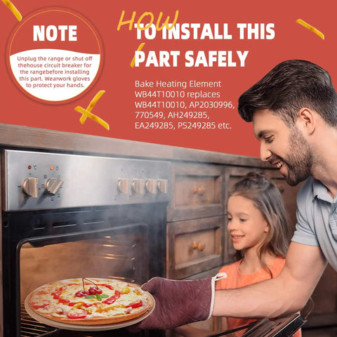 Man installing bake heating element in oven, instructions for WB44T10010 replacement, enhancing GE oven upgrade.