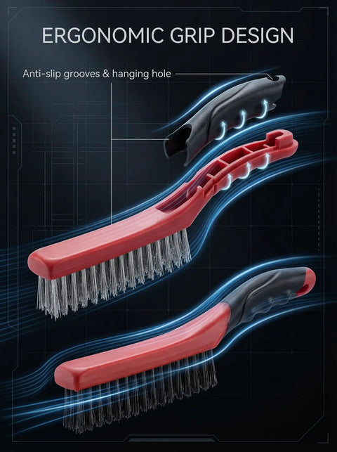Heavy Duty Wire Brush Set Two Piece With 10 Inch Curved Plastic Handles Carbon Steel And Stainless Steel Heads For Rust And Paint Removal Welding Prep And Metal Cleaning, showing ergonomic grip design