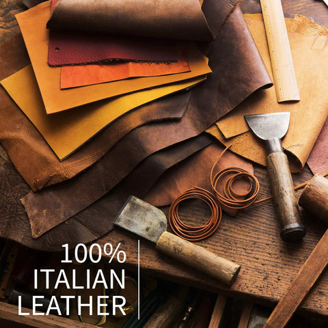 100% Italian leather sheets with crafting tools, used for Handmade Italian Tumble Leather Valet Tray Organizer For Desk.