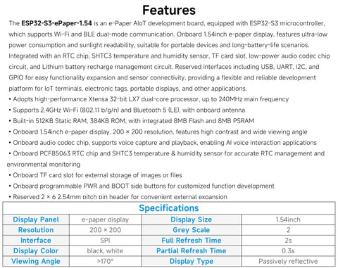 1.54inch E Paper AIoT Development Board With 200x200 Display Black And White Dual Wi Fi And Bluetooth AI Speech Interaction DIY Creative Function Ultra Low Power For Portable Projects features and specifications diagram