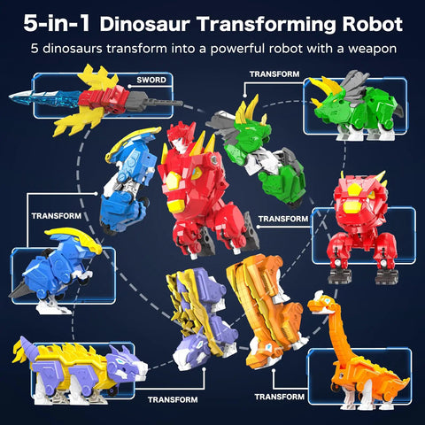 5 In 1 Transforming Dinosaur Robot Set For Kids And Toddlers STEM Building Kit with Triceratops Action Figures combining