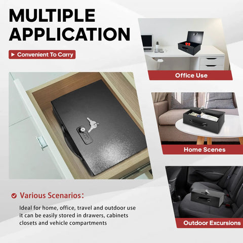 Fireproof Lock Box With Key And Combination Lock For Home Office And Travel Portable Safe Waterproof For Documents Jewelry Passport And Cash Storage showed in home, office, and car settings.