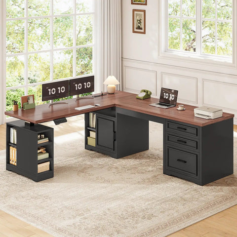 Farmhouse L Shaped Electric Standing Desk Boss Level Height Adjustable Sit To Stand Setup with 63 by 67 inch workspace