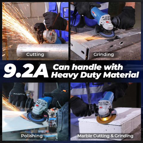 DongCheng 9.2A 4-1/2 in corded angle grinder with paddle switch; blue/gray body for cutting, grinding, polishing