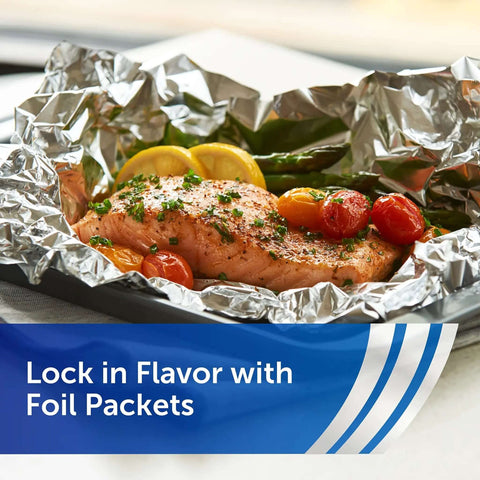 Nonstick Aluminum Foil Roll For Easy Cooking And Mess Free Cleanup with salmon and vegetables in foil packet
