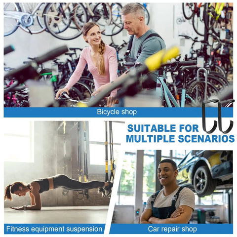 Scenes of garage storage hooks used in multiple scenarios, including a bike shop, fitness suspension, and car repair shop.