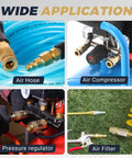 30 Pcs Brass Air Hose Fittings 1/4 In Npt Quick Disconnect Plugs With Hardened Copper Cladding shown with air hose, compressor, pressure regulator, and air filter.