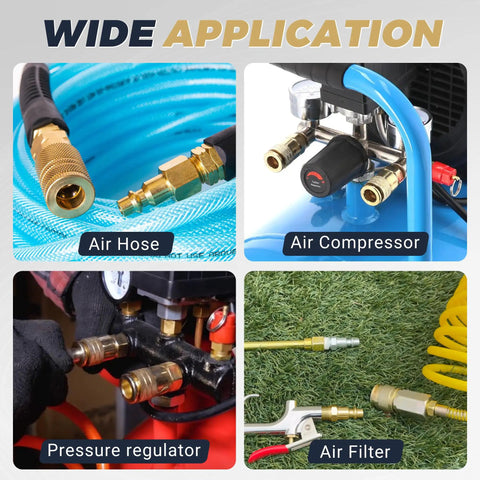 30 Pcs Brass Air Hose Fittings 1/4 In Npt Quick Disconnect Plugs With Hardened Copper Cladding shown with air hose, compressor, pressure regulator, and air filter.