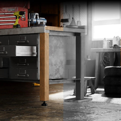 Workshop table with installed Four Pack Three Eighths Inch Thread Furniture Leveling Feet With T Nuts for uneven floors