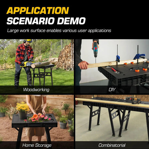 Application scenarios for Portable Folding Workbench With 3 Second Setup, 34 Inch Wide By 24 Inch Deep Work Table in use.