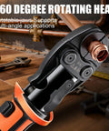 Badass Heavy Duty 18V Brushless Cordless Hydraulic Crimping Tool Kit With Swappable Dies, showcasing a rotating head for versatile crimping.