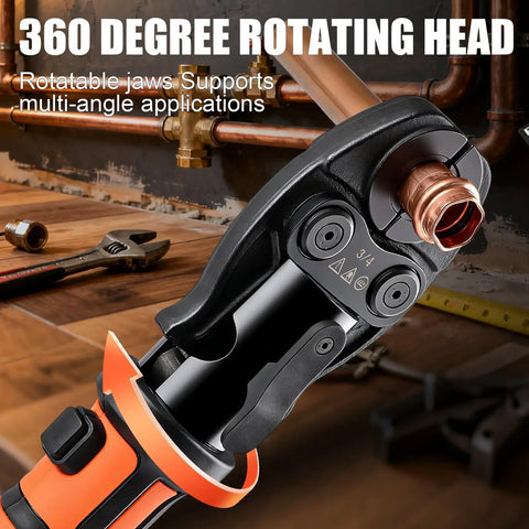 Badass Heavy Duty 18V Brushless Cordless Hydraulic Crimping Tool Kit With Swappable Dies, showcasing a rotating head for versatile crimping.