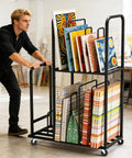 Two Tier Mobile Carton Cart With Eight Adjustable Dividers Rolling Packing Station For Home Or Warehouse Built Tough Zero Hassle Organization Custom Layout Cardboard Box Stacker With Smooth Glide Casters in use with art. 