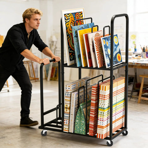 Two Tier Mobile Carton Cart With Eight Adjustable Dividers Rolling Packing Station For Home Or Warehouse Built Tough Zero Hassle Organization Custom Layout Cardboard Box Stacker With Smooth Glide Casters in use with art. 