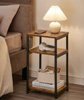 End Table Side Table For Living Room, Modern Tall Nightstand With Steel Frame, Rustic Brown And Ink Black Finish, lamp on top