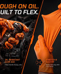 Heavy Duty 10 Mil Orange Nitrile Gloves With Raised Diamond Grip, Disposable Latex Free Work Gloves Built Tough For The Daily Grind, Extra Large Fit, 1000 Count, showing flexible grip and oil resistance.