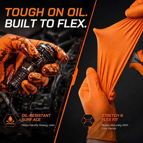 Heavy Duty 10 Mil Orange Nitrile Gloves With Raised Diamond Grip, Disposable Latex Free Work Gloves Built Tough For The Daily Grind, Extra Large Fit, 1000 Count, showing flexible grip and oil resistance.