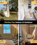 Heavy Duty Hammock Chair With Two Cushions And Protective Waterproof Cover For Indoor And Outdoor Relaxation Steel Spreader Bar With Anti Slip Rings Sturdy Supports Up To 500 Lbs Includes Weatherproof Chair Cover 57 By 45.5 Inches in indoor and outdoor settings