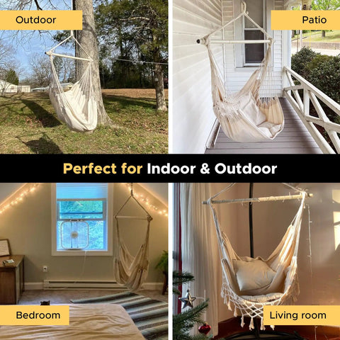 Heavy Duty Hammock Chair With Two Cushions And Protective Waterproof Cover For Indoor And Outdoor Relaxation Steel Spreader Bar With Anti Slip Rings Sturdy Supports Up To 500 Lbs Includes Weatherproof Chair Cover 57 By 45.5 Inches in indoor and outdoor settings