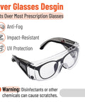 Front view of UNCO safety goggles designed to fit over glasses; clear lenses, black frame